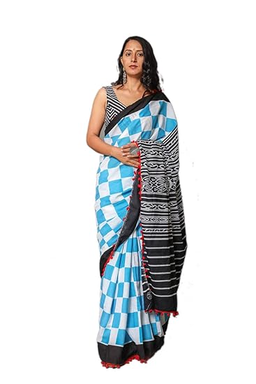Blue Cotton Hand Block Printed Saree with Blouse