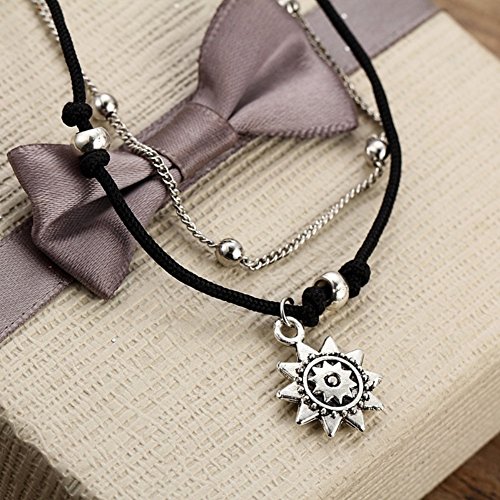 Afco Girls Boho Double Layer Anklet Sun Pendent Charm Women Foot Chain Ankle Bracelet Dress Accessory (Silver) - Thumbnail 2