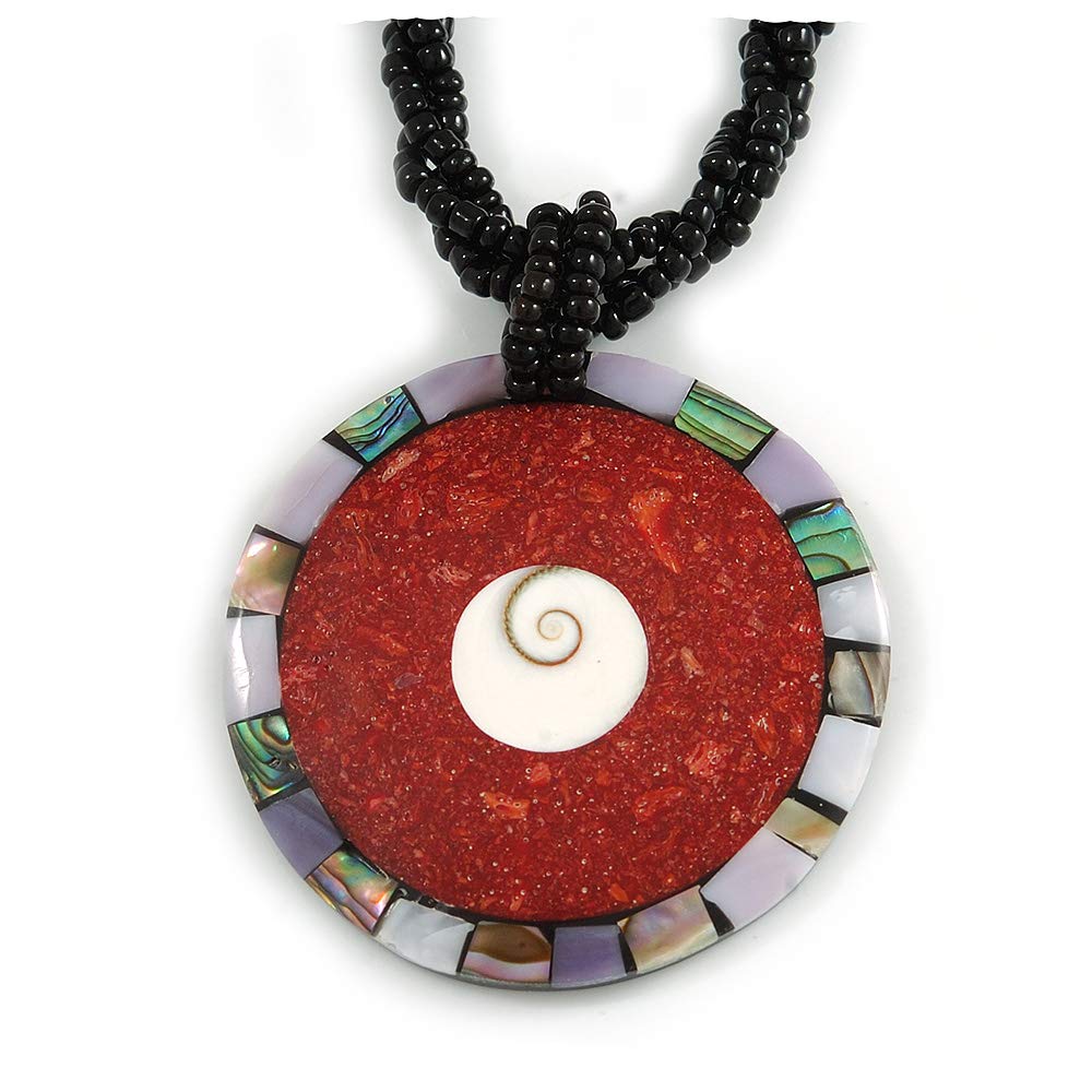 Avalaya 50mm D/Round Shell Pendant with Twisted Black Glass Bead Chain Necklace/Red/White/44cm L
