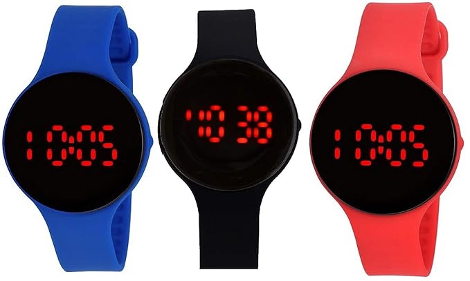 Pappi-Haunt - Quality Assured - Pack of 3 - Unisex Silicone Blue, Black & Red Round Jelly Slim Digital LED Watch for Boys, Girls & Kids