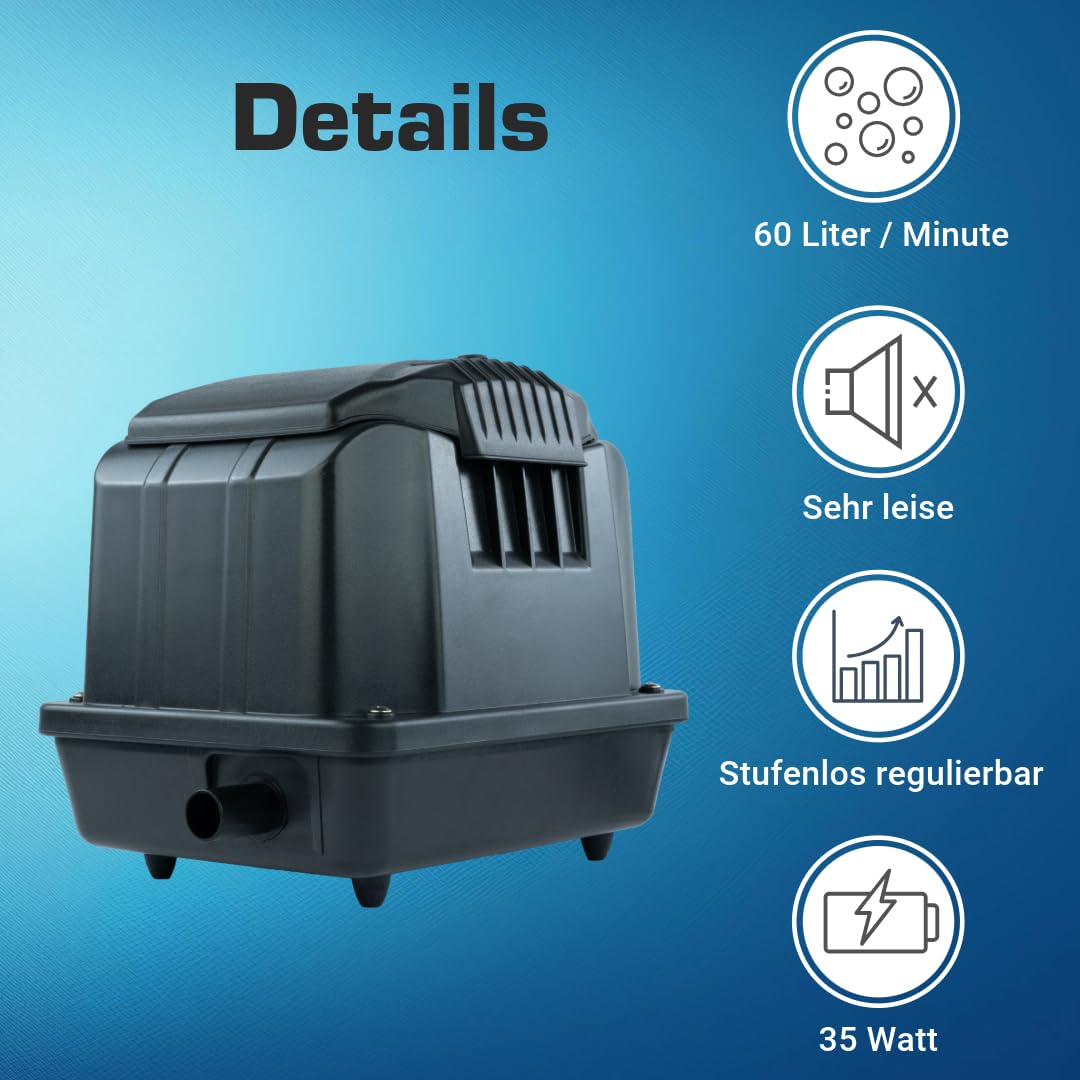 Teichbelüfter 3600 L/H stufenlos regulierbar, 35 Watt Sauerstoffpumpe für Teich, Membranpumpe 60 L/Min, Teichbelüftung, Luftpumpe Teich, Belüfterpumpe für Gartenteiche, Teichbelüftungspumpe 3