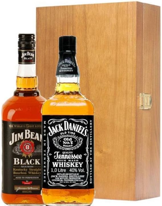 Jack Daniels Jim Beam Bourbon In Elm Wood Gift Box With Hand Crafted Gifts2drink Tag Amazon Co Uk Grocery