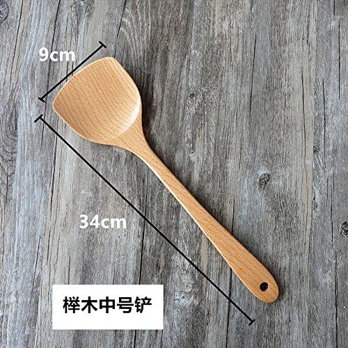 HEISHUAILEI Solid Wood Long Handle Wok Shovel Parabolic Shank Beech Teaspoon Of Non-Stick Inner Pot Dedicated Cooking Tool Kit Wooden Kitchenware ,34*8Cm Medium Dishes Spatula