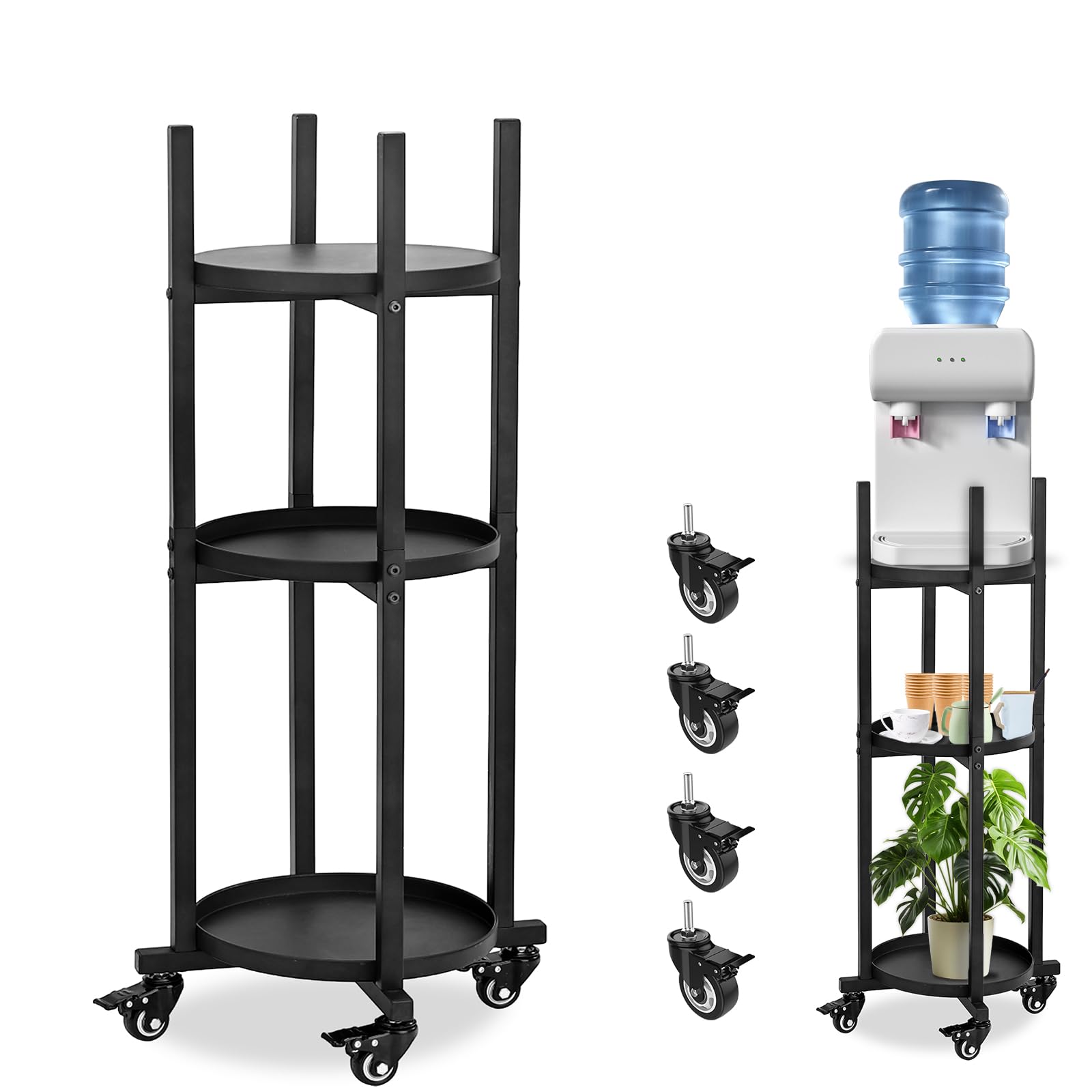 Photo 1 of Water Dispenser Stand with Wheels, Beauty Star 1-5 Gallon Water Jug Holder with Plant Stand, Drink Dispenser Floor Rack with 3 Round Shelfs for Berkey Water Filter, Ceramic Crock Water Dispenser
