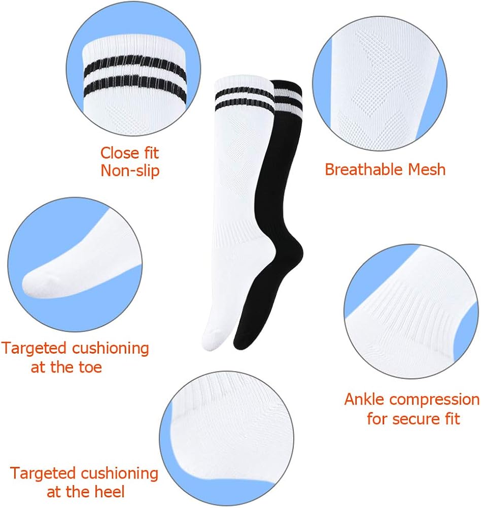 4 Pairs Soccer Socks for Kids (5-12 Years Old), Kids Football Socks, Sport Team White Black Knee High Socks For Youth Boys Girls Kids, Best for Running, Present for 5 6 7 8 9 10 11 12 Year old Kids: Clothing