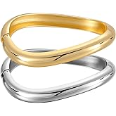 Emibele Gold Bangles for Women, 2PCS Irregular Chunky Gold Bracelet Hinged Open Bangle Bracelets for Women, Fashion Wide Arm 