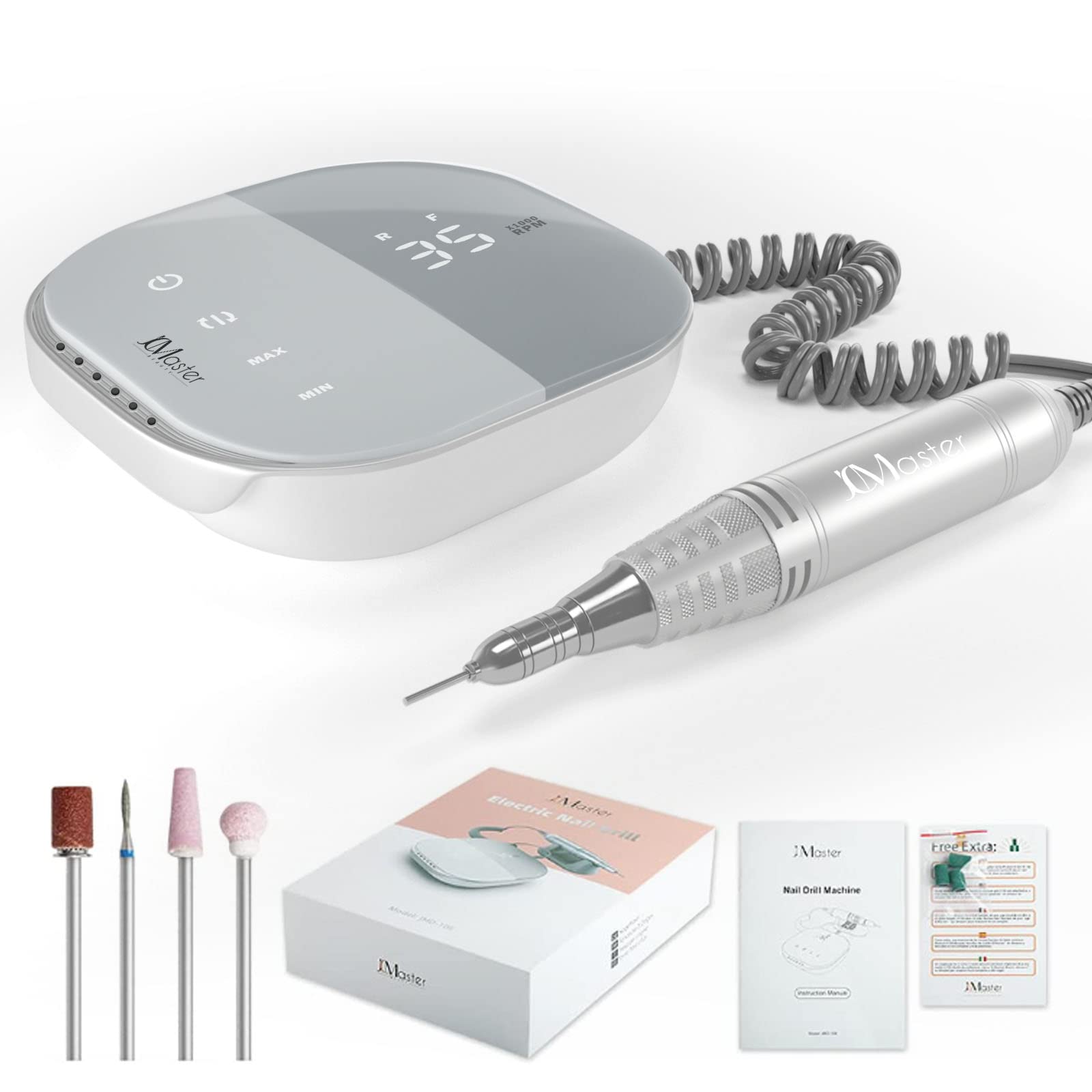 JCMASTER® TouchPro+ Nail Cutter 35000 rpm - German Brand - Gel Nails & Acrylic Nails Professional Set Electric Foot Care Device False Nails Continuous Regulation Touch Operation Includes 4 x Bits & Serial Number