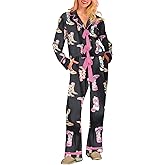 Thopavenoir Women 2 Piece Christmas Pajamas Set Cute Bow Tie Long Sleeve Button Down Shirt High Waist Wide Leg Pants Pj Set