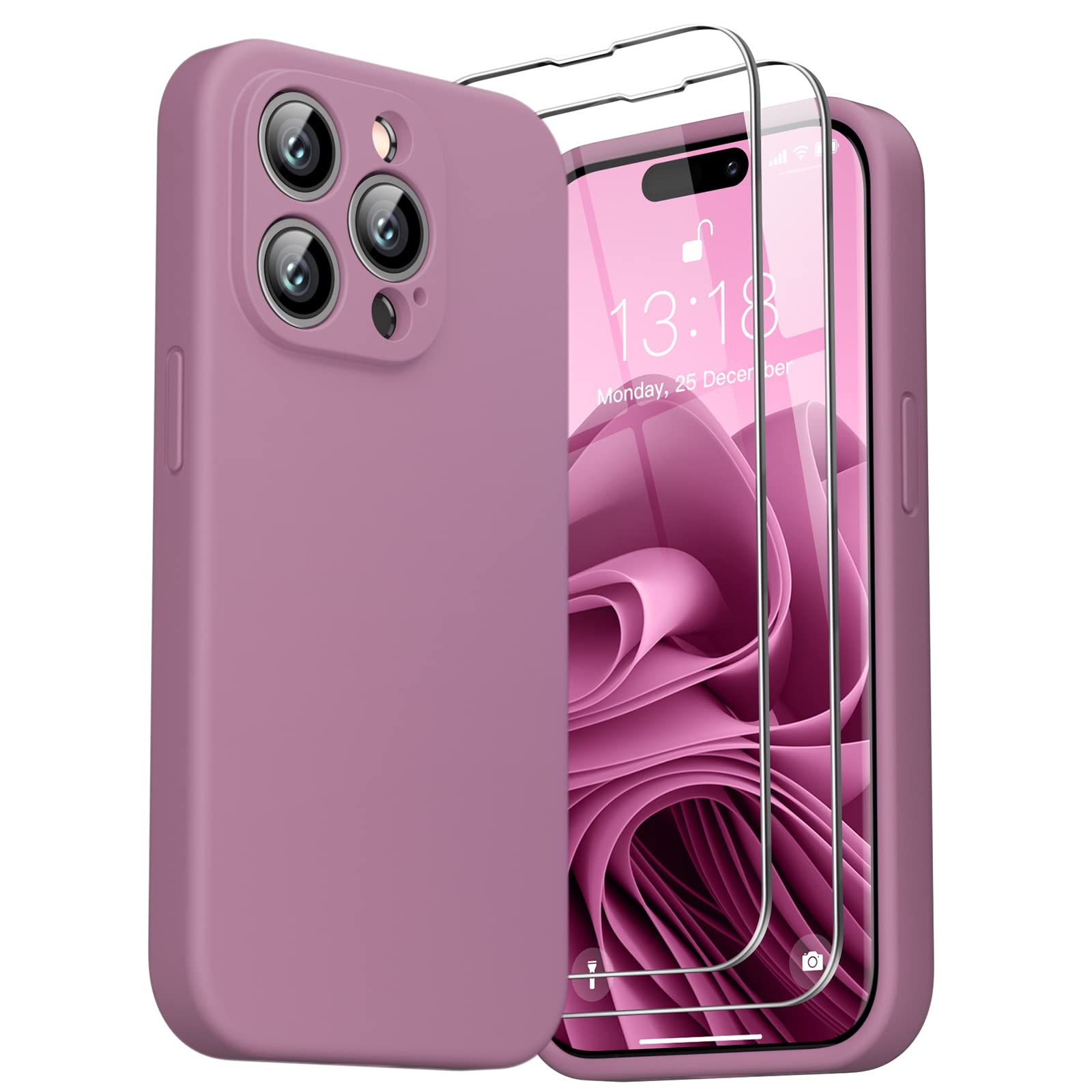 GOODVISH 3 in 1 Designed for iPhone 14 Pro Silicone Case 2022, with 2 Pack Screen Protector, Full Cover [Enhanced Camera Protection] 6.1" Soft 14pro Case[Anti-Scratch Microfiber Lining], Pink Purple — image 1