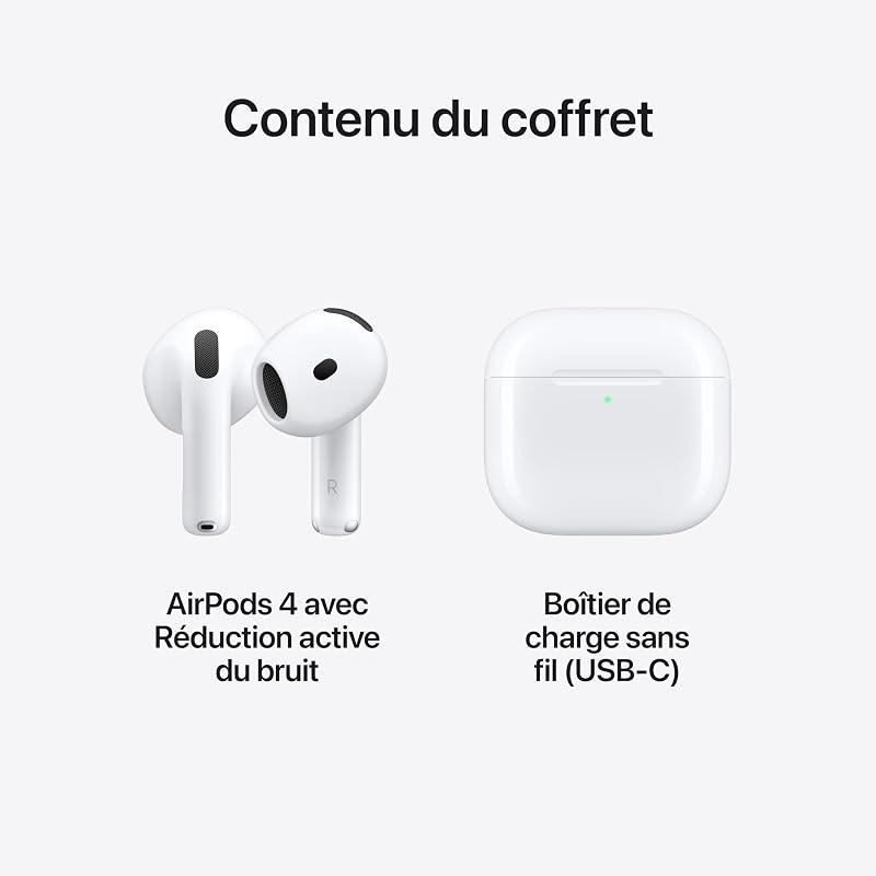 AirPods 4 Écouteurs sans Fil, écouteurs Bluetooth, avec Réduction Active du Bruit, Audio adaptatif, Mode Transparence, Audio Spatial personnalisé, boîtier de Charge USB-C, Recharge sans Fil