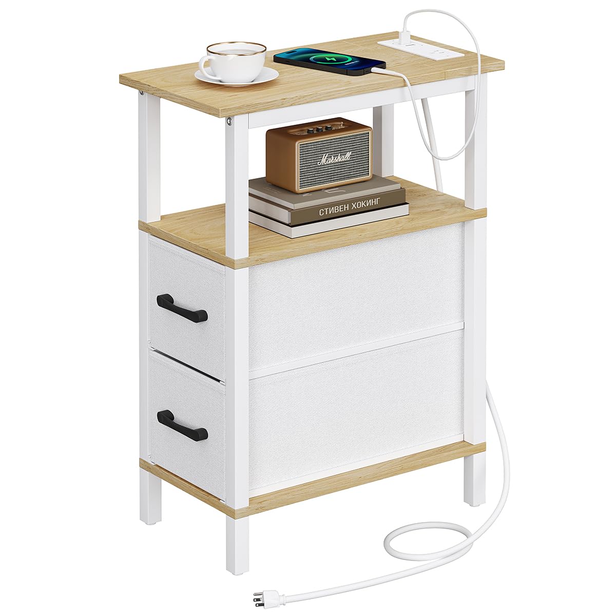 Photo 1 of (missing pieces) Narrow Side Table for Small Spaces, Skinny End Table with Charging Station, Sofa Beside Table with 2 Fabric Drawers