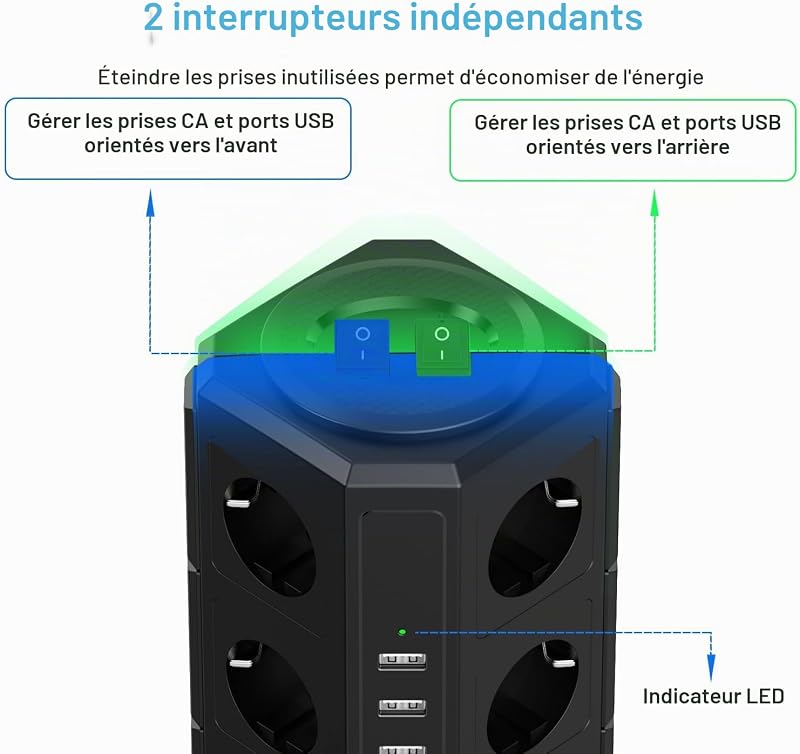 Tour Multiprise avec Interrupteur Parafoudre, 12 Prises, 5 USB, Cube — photo 5 sur 7