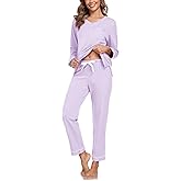 COLORFULLEAF Women's 100% Cotton Pajama Set with V-Neck, Long Sleeves & Long Pants, 2-Piece Sleepwear with Pocket S-XXL