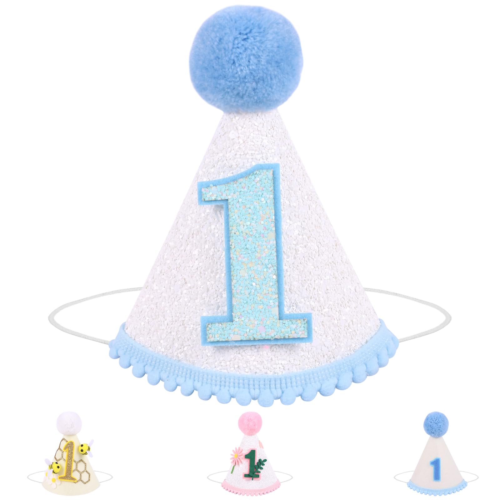 Winmany Baby 1st Birthday Hat Infant First Birthday Cone Cap Cake Smash Party Photo Props Headwear Decor for Girls Boys (Glitter Blue)
