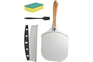 Professional Aluminum Pizza Peel, 30.5 x 35.5 cm Metal Paddle with Foldable Wood Handle and Rocker Cutter for Baking Homemade
