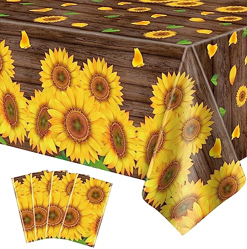 4 Pack Wood Grain Tablecloth - Sunflower Plastic Rustic Table Cover - Vintage Wood Grain Party Tablecloth for Birthday Party Decorations - 51 x 86 Inch