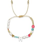 Agriajun Valentines Day Initial Pearl Beaded Adjustable Bracelets for Women, Cute Handmade Gold Clay Beads Friendship Heart Letter Name Bracelet Holiday Beach Jewelry Friend Gift