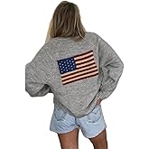 Fourth of July American Flag Knit Sweater Cardigan for Women Y2k USA Patriotic Vintage Knitwear Cardigans.
