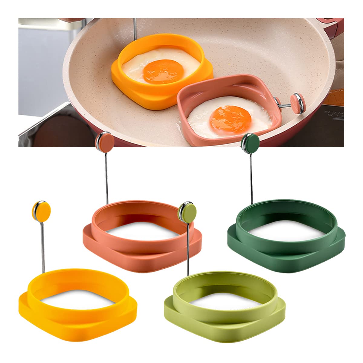 Pro-Noke 4 Pcs Silicone Egg Rings, Round & Square, Clear/Transparent, Non-Stick, Reusable Egg Mold