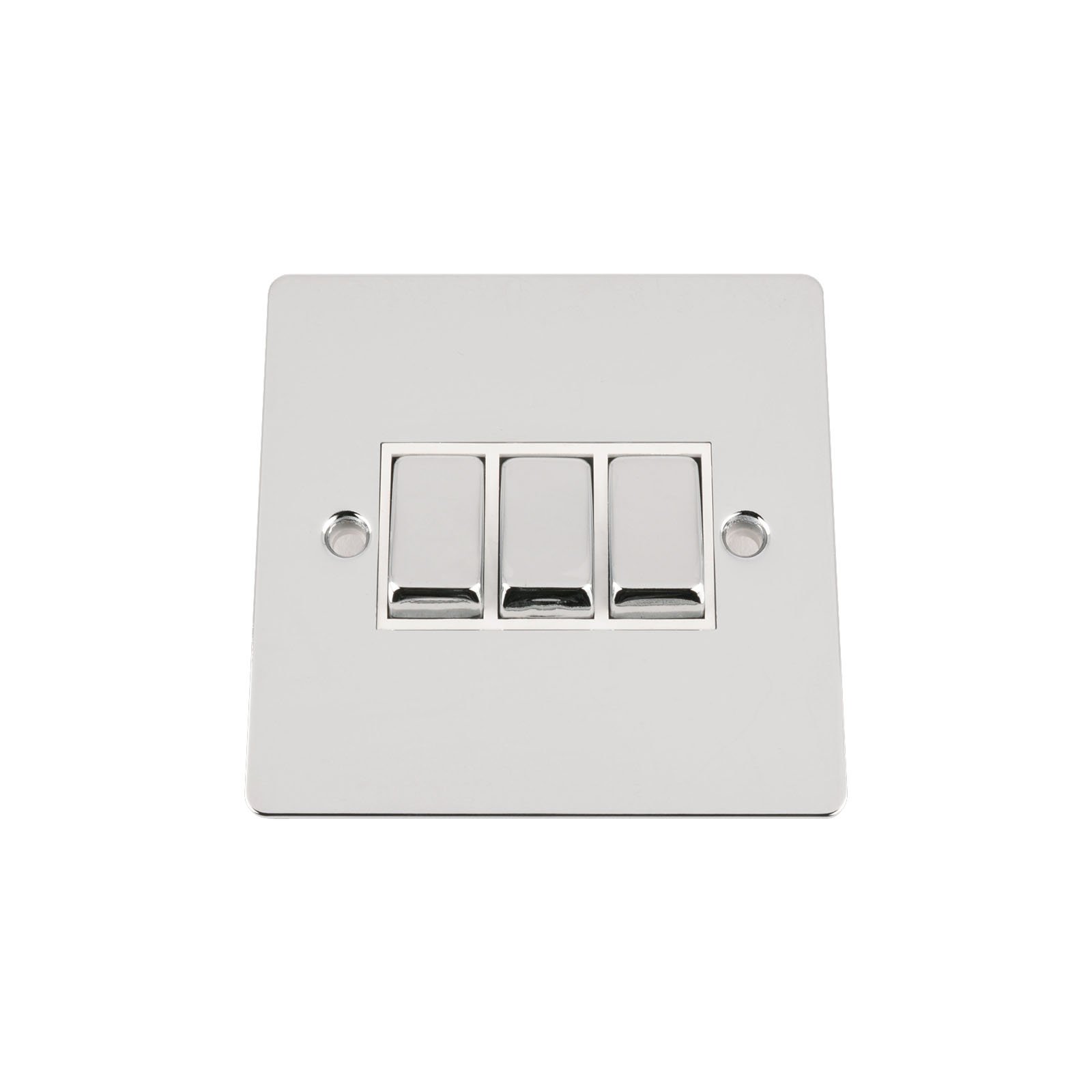 Light Switch Triple 3 Gang - Polished Chrome Flat - White Insert - Metal Rocker Switch - 10 Amp 3 Gang 2 Way