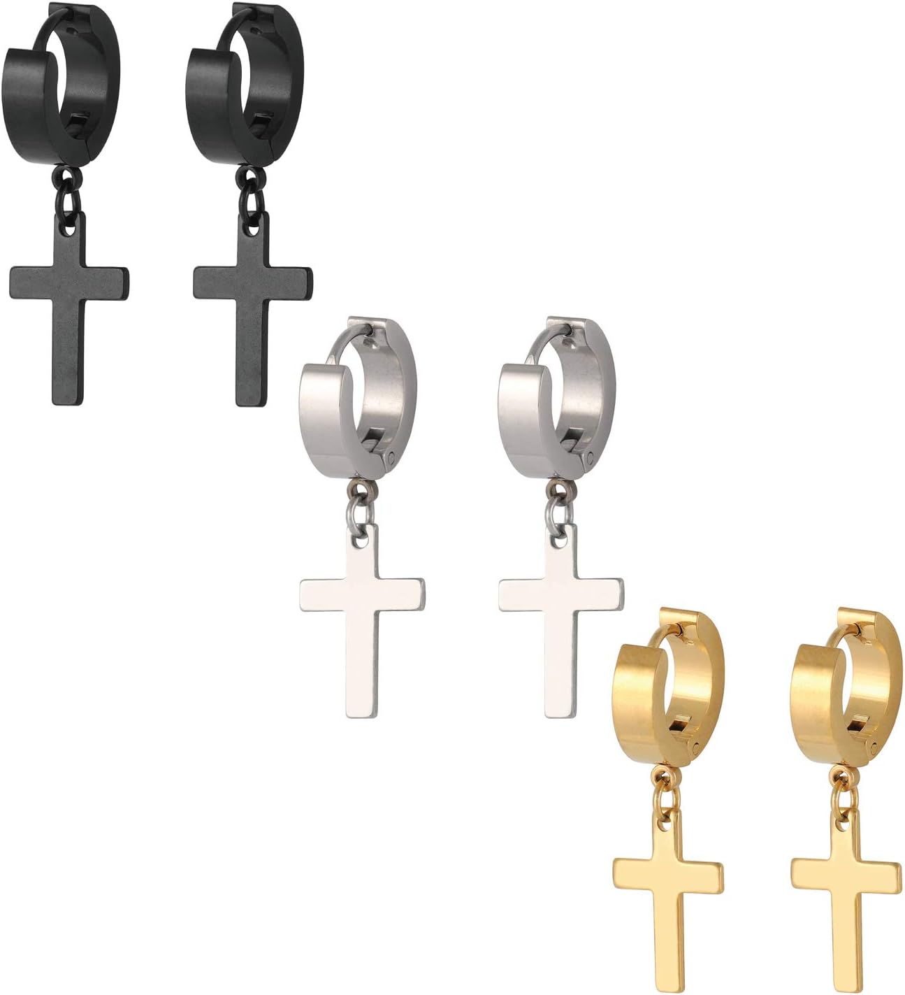 Szory 3 Pairs Stainless Steel Hoop Earrings with Cross for Men Women