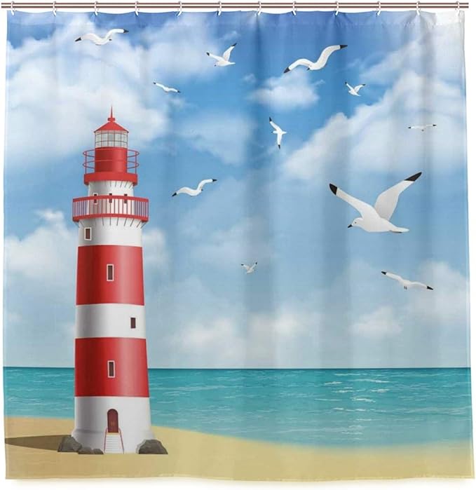 Amazon Kapanou防水 シャワーカーテン 現実的なイラスト灯台穏やかな海岸飛行カモメ海の風景 かわいいシャワーカーテン ユニットバス バスルーム 芸術の装飾 180cmx180cm バスフック付き 取り付け簡単 シャワーカーテン ホーム キッチン オンライン通販