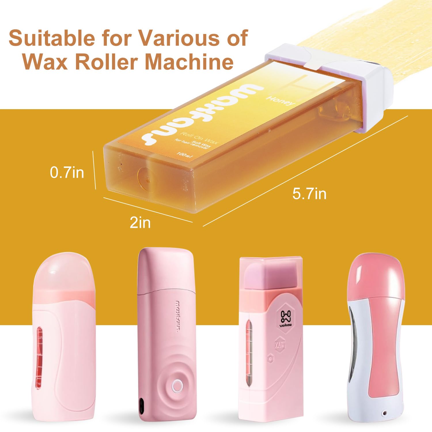 Roll On Wax Refill,Waxing Roller Refill for Hair Removal,100% Natural,Quick Melting - For Coarse and Fine Hairs.with 3.53 Ounce(Pack of 4) Honey Wax Rollers, 50 Strips (Honey)