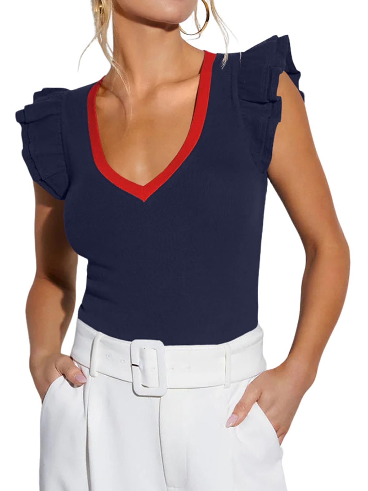 Photo 1 of AGSEEM Womens Summer Tops Patchwork V Neck Ruffle Sleeveless T Shirts Navy Blue Tops for Women Top Sexy Country Concert, M