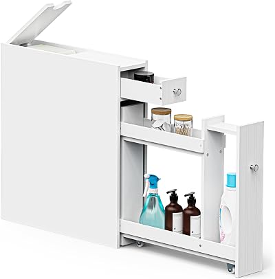 VonHaus Holbrook Slim Bathroom Storage Unit White Narrow Cabinet with Drawer