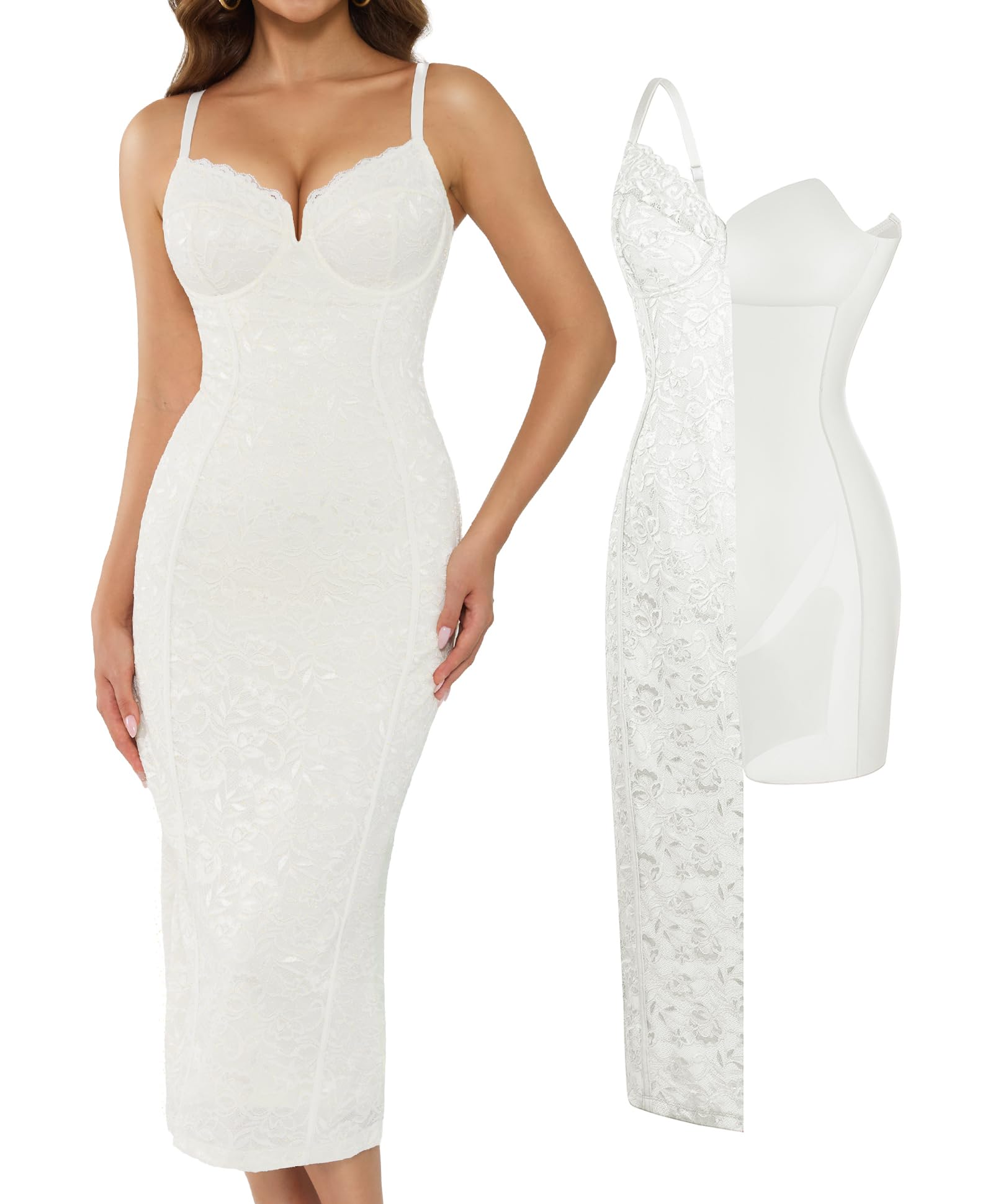 Photo 1 of Popilush Cocktail Dresses for Women - Shapewear Lace Corset Dress Deep V Sleeveless Formal Wedding Guest Bodycon Midi Dress Beige