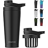 Greatyos Stainless Steel Shaker Bottle with Noise-Free Design - Patented 24 oz Insulated Metal Shakers Bottles Cup for Protein Mixes and Pre Workout 100% Leak Proof (Black)