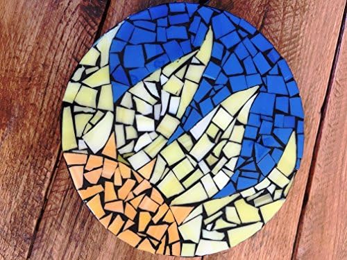 Mosaic Sun Flower Large Drink Coaster, 8 inch Round Coaster with Yellow, Orange and Blue Stained Glass
