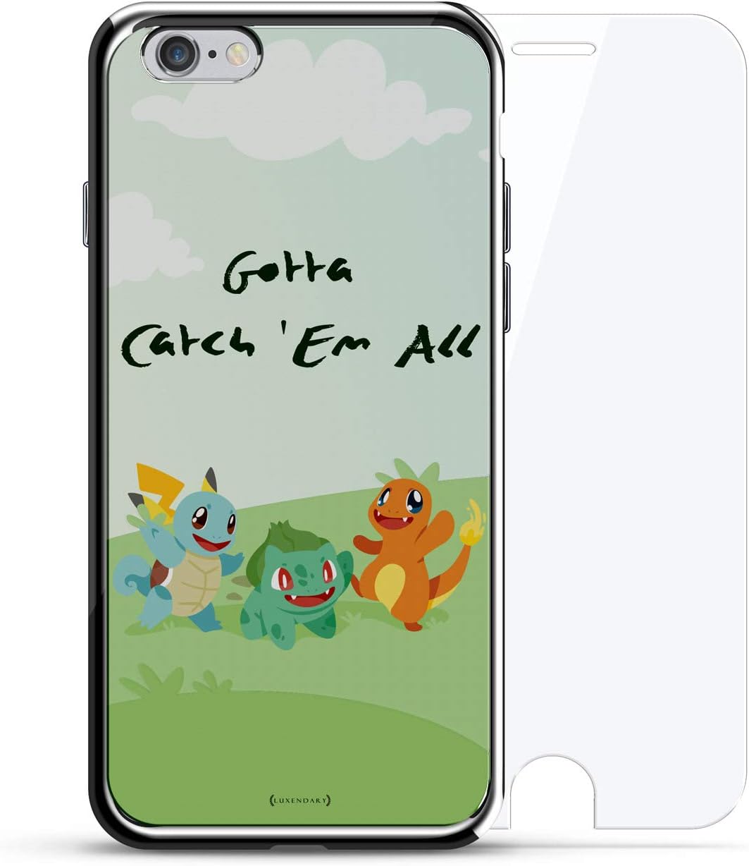 Luxendary Designer, 3D Printed, Fashion, High End, Premium, Chrome Trim, 360 Protection with Tempered Glass Cell Phone Case for iPhone 6/6S - Silver - Pokemon Go Catch 'Em All