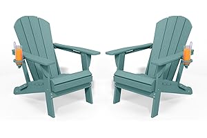 PLUUV Folding Adirondack Chair Set of 2, HDPE All-Weather Patio Chairs for Outdoor, Patio, Lawn, Garden, Backyard Deck, Fire Pit - Aruba