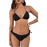 Verdusa Women's Bikini Sets Halter String Cute Bow Tie Side Frill Trim 2 Piece Swimsuits Bathing Suits