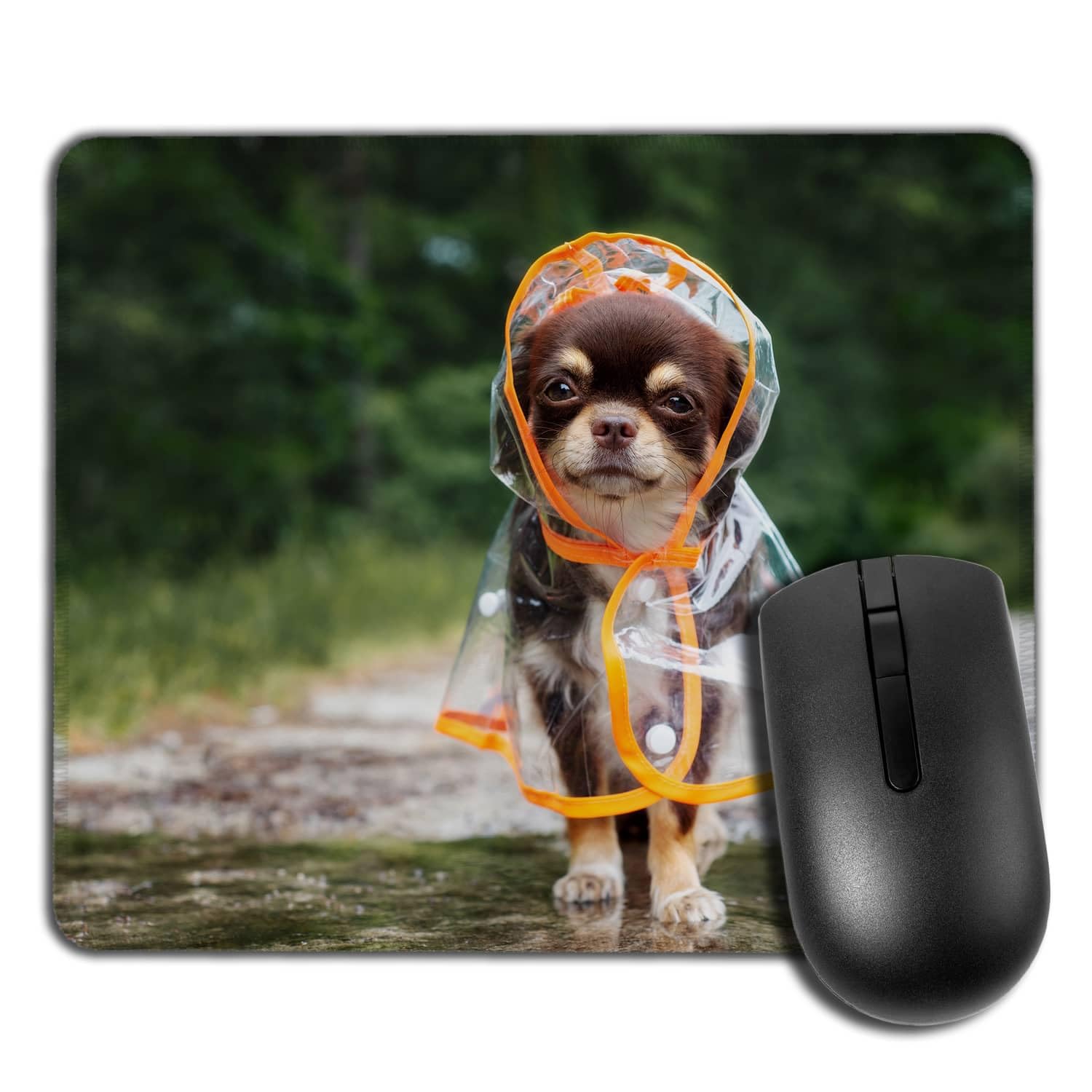 Yeuss Rainy Dogs Mouse Pad Rectangular Non-Slip Mousepad, Funny Chihuahua Dog Posing In A Raincoat Outdoors By A Puddle Gaming Mouse Pads, Brown Yellow Green,200mm x 240mm