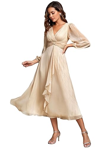 Ever-Pretty Women's Simple V Neck Lantern Sleeves A Line Midi
