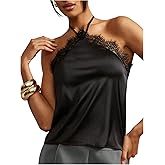 MakeMeChic Women's Satin Halter Tops Silk Lace Trim Tie Backless Going Out Tank Top