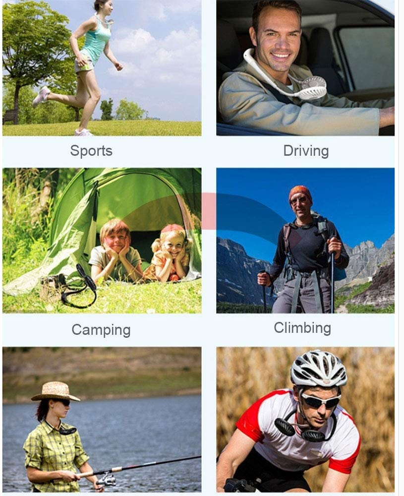 Sports Fan, Wisfun USB Portable Neck Hanging Fan, 7 Color LED Hand-Free USB Personal Fan, Portable Headband Fans with Dual 360 Degree Rotation Head for Outdoor Sport Camping Traveling Office (Black)