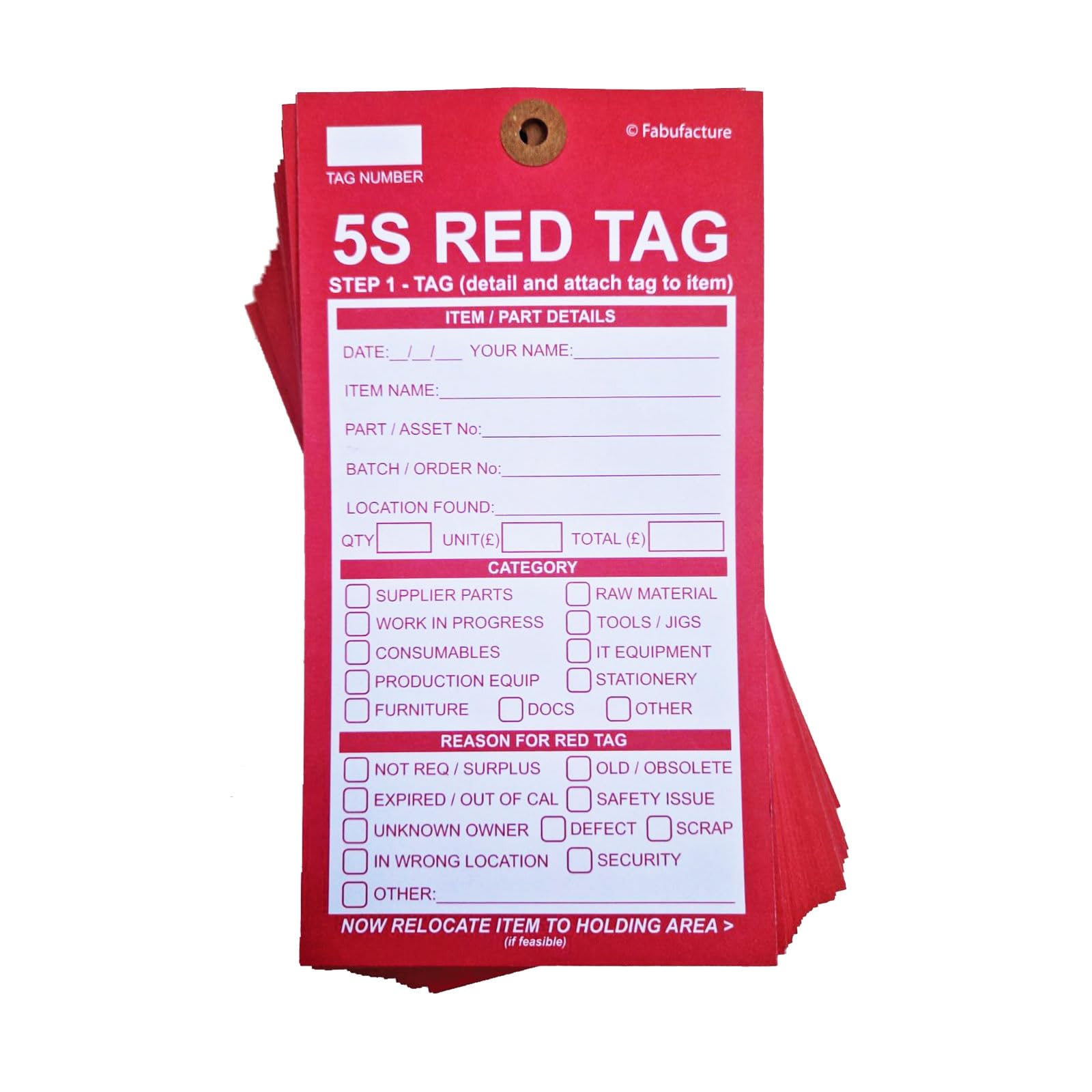 5S Red Tags from Go Industro. Pack of 100 Tags. Easy to Write on with Any Pen. Tough Card Material with Reinforced Punched Hole for All Industrial Sectors and Offices.