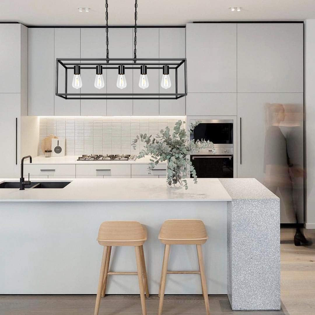 Black Farmhouse Kitchen Island Dining Room Chandelier, Modern Rectangle Pendant Light, Industrial Light Fixtures for Living Room Foyer Bar ( 5-Light ) - - 