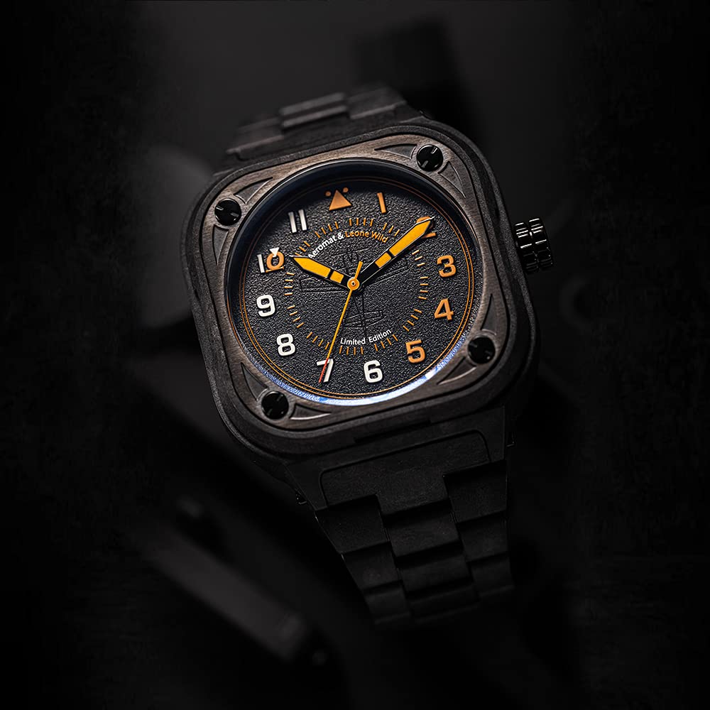 AEROMAT AEM450 Pilot Watch for Men – Analog Aviator Watch 100M Water Resistant with Luminous Indexes and Hour and Minute Hands – Men’s Square Case Aviation Watch Carbon Fiber Bracelet