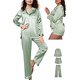 WJing Yi Jia Womens 3Pcs Silk Satin Pajama Sets Silky Pajamas Set With Shorts Stripe Pj Sets XS-XXL Sleepwear Pjs Loungewear