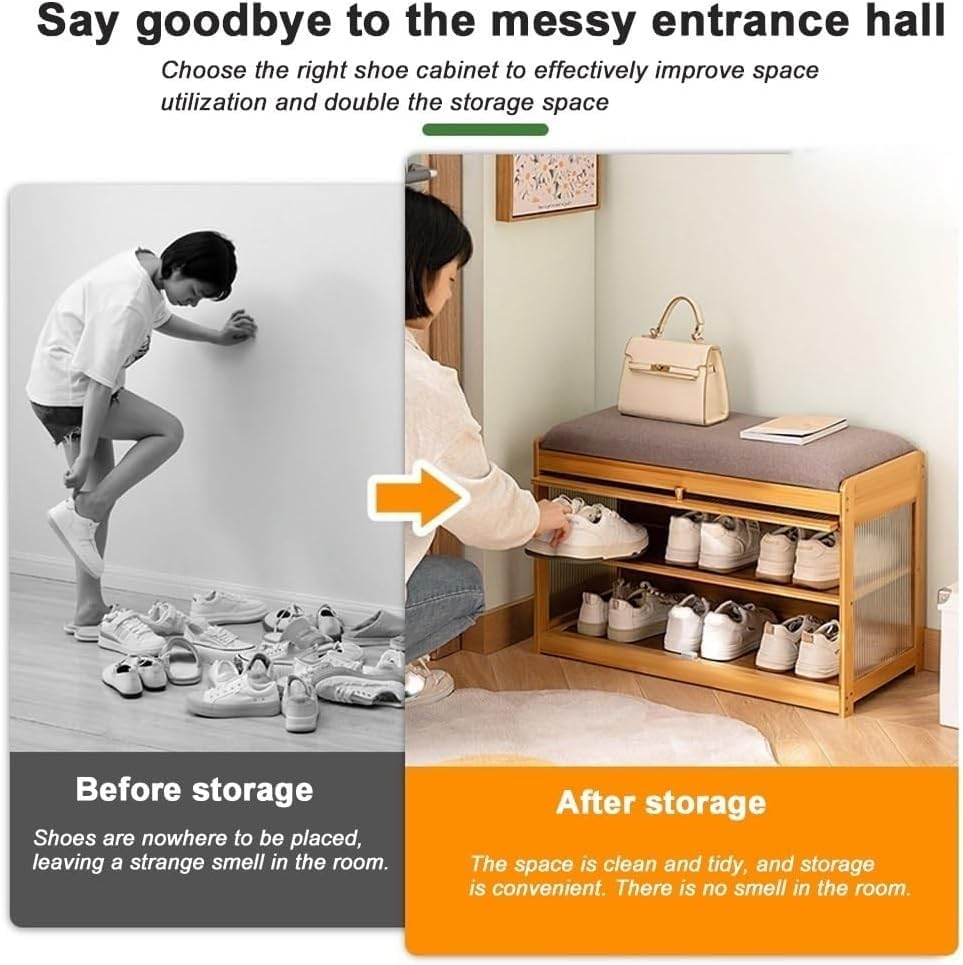 Bamboo Shoe Bench, 3-Tier Shoe Bench Cabinet with Cushion, Dust-Blocking Acrylic Doors, Shoe Organizer Storage Rack for Entryway, Hallway, Living Room, Bedroom