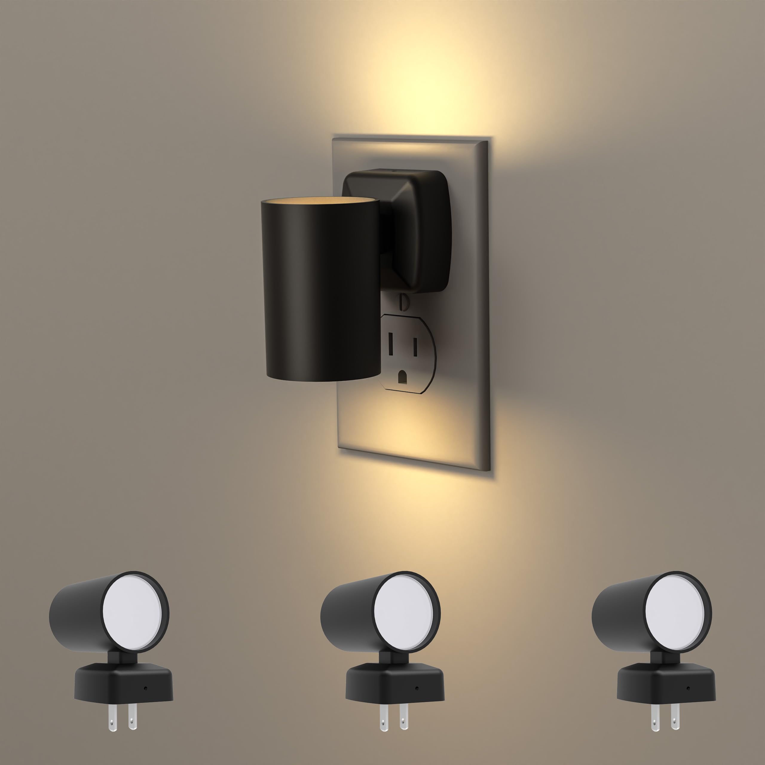 Photo 1 of Black Night Light Plug In,Modern Led Night Lights Plug into Wall,Dusk to Dawn Sensor,2700k Dimmable Night Light,20lm/40lm Adjustable Brightness,Cozy Nightlights for Hallway Bedroom Stairway,4 Packs