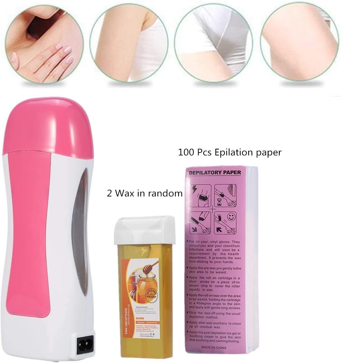 Portable Roll-Ons Wax Heater Depilatory Hair Removal Set, Hair Removal Machine, 2 * 100g Wax + 100PCS Depilatory Paper