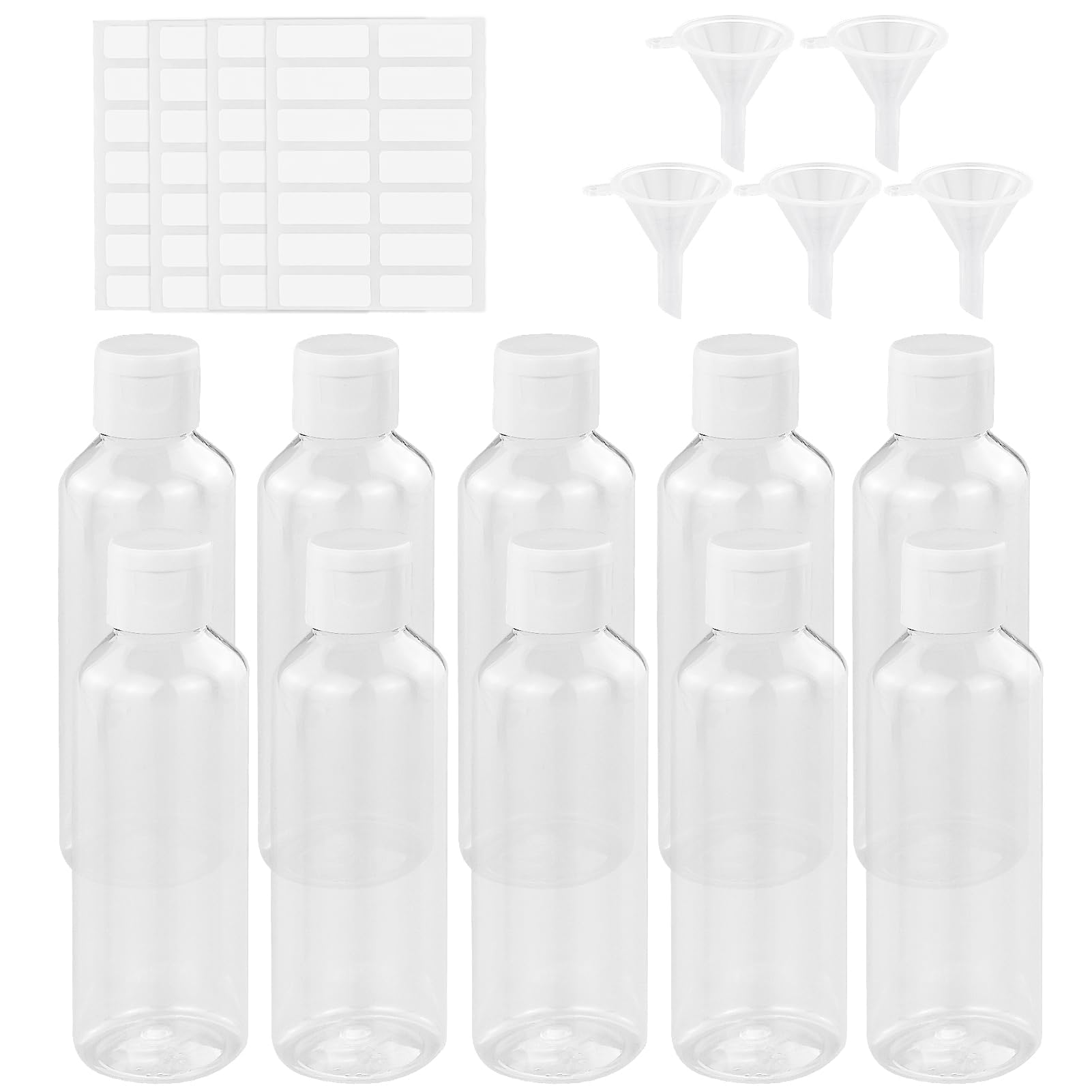 KZNKZN 10 Pack Refillable 100 ml Clear Travel Bottle Empty Transparent Containers Bottles with 5pcs Funnels and 4 Sheets Free Labels for Packing Toiletries Shampoo Cosmetic Liquid