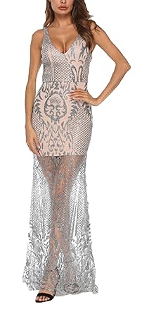 Vestido transparente plateado con bordados.