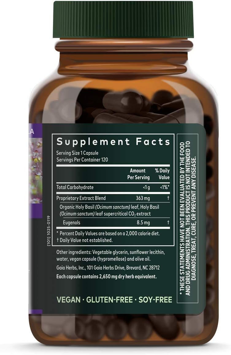 Gaia Herbs, Holy Basil Leaf, Stress Support, Adaptogenic Ayurvedic Herb, Tulsi Extract, Vegan Liquid Capsules, 120 Count: Health & Personal Care