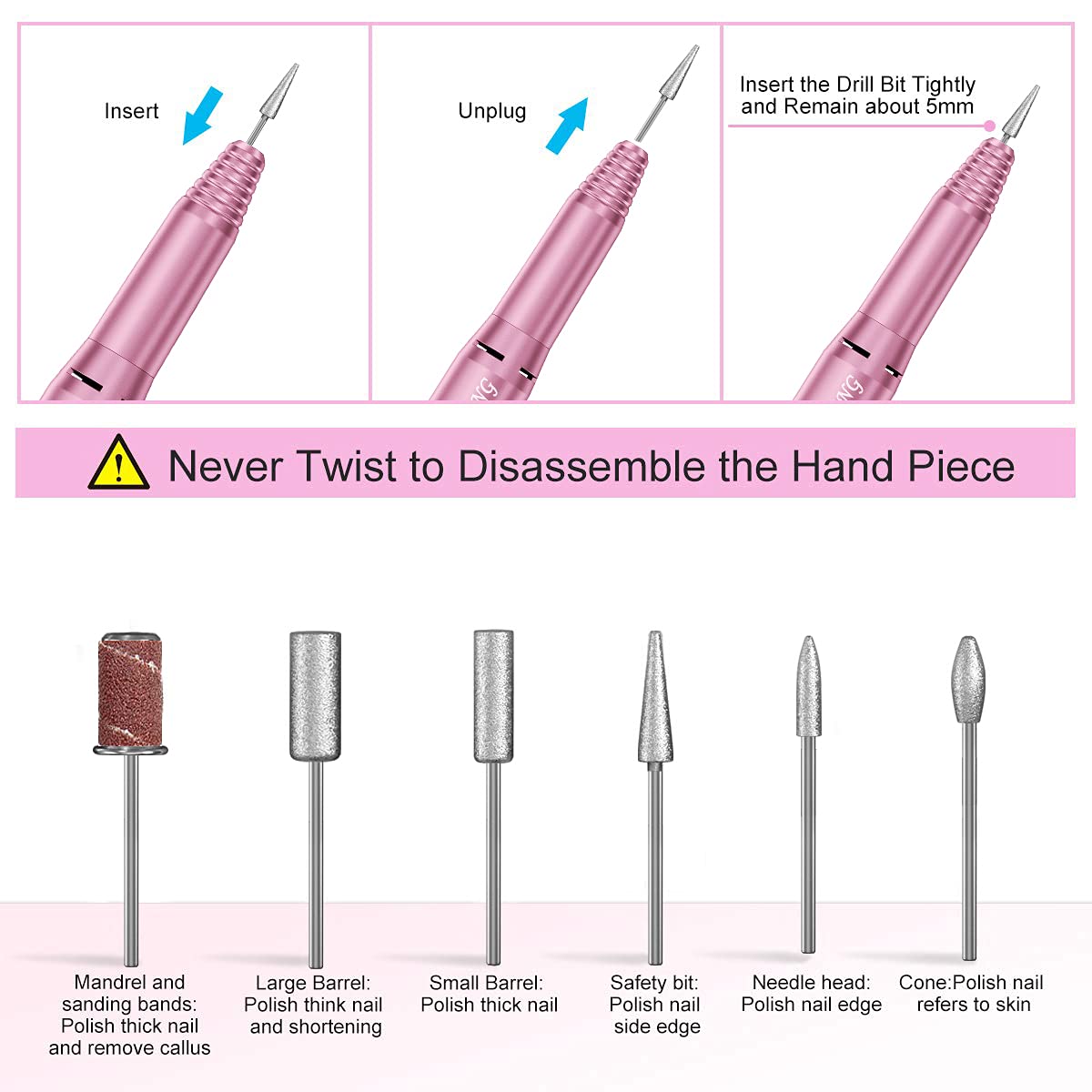 20000RPM Electric Nail Drill Professional Nail File Drill Acrylic Nails Kit for Manicure Gel Nail Polish Remover with 1 Pack of Sanding Bands(Pink) - Image 9